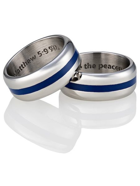 Men's Stainless Steel Thin Blue Line Ring-Matthew 5:9 Shields of Strength - Picture 8 of 8