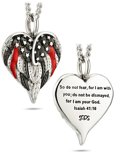 Thin Red Line Stainless Flag Heart Necklace-Isaiah 41:10 Shields of Strength - Picture 7 of 8