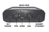 SS-Mobile rear panel showing DC power input, dual cooling fans, HDMI output port, and Gigabit Ethernet connection