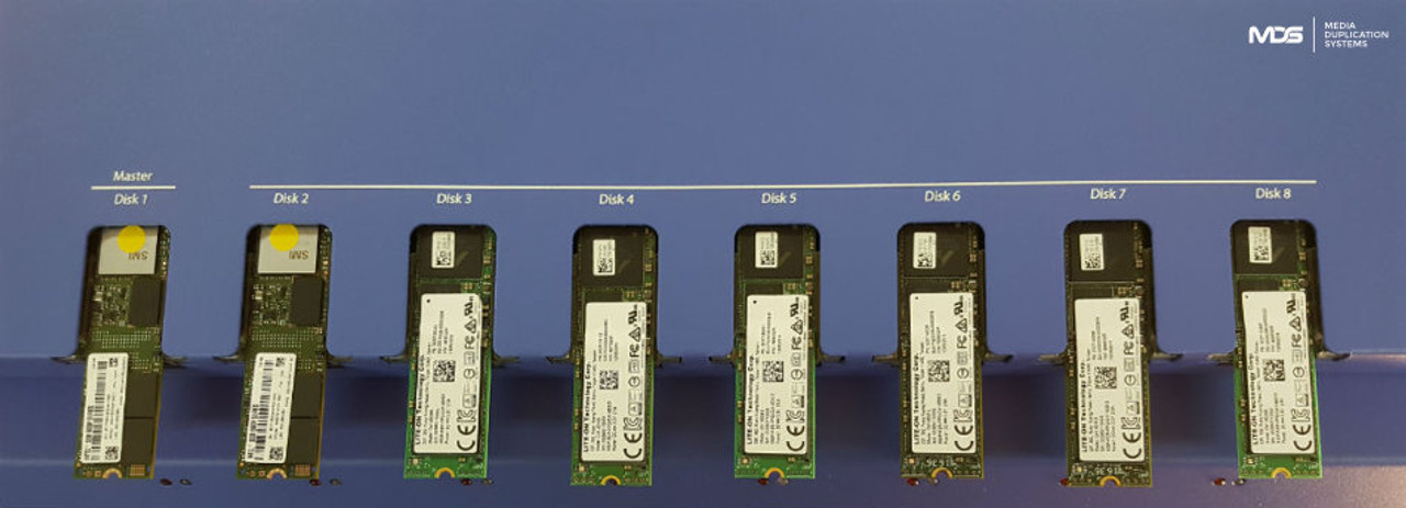 Close-up view of eight M.2 NVMe SSD drives mounted in DiskClon NVMe-8, with one drive marked as the master disk.