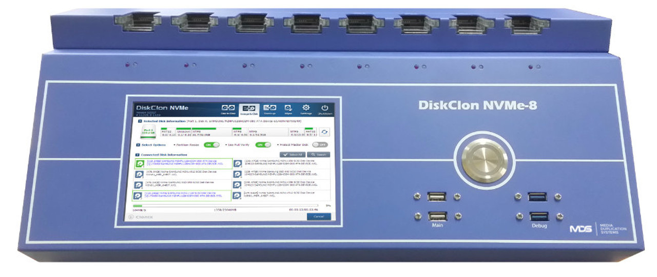Front view of DiskClon NVMe-8 duplicator showing touch display and 8 M.2 NVMe drive ports for SSD cloning and erasure.