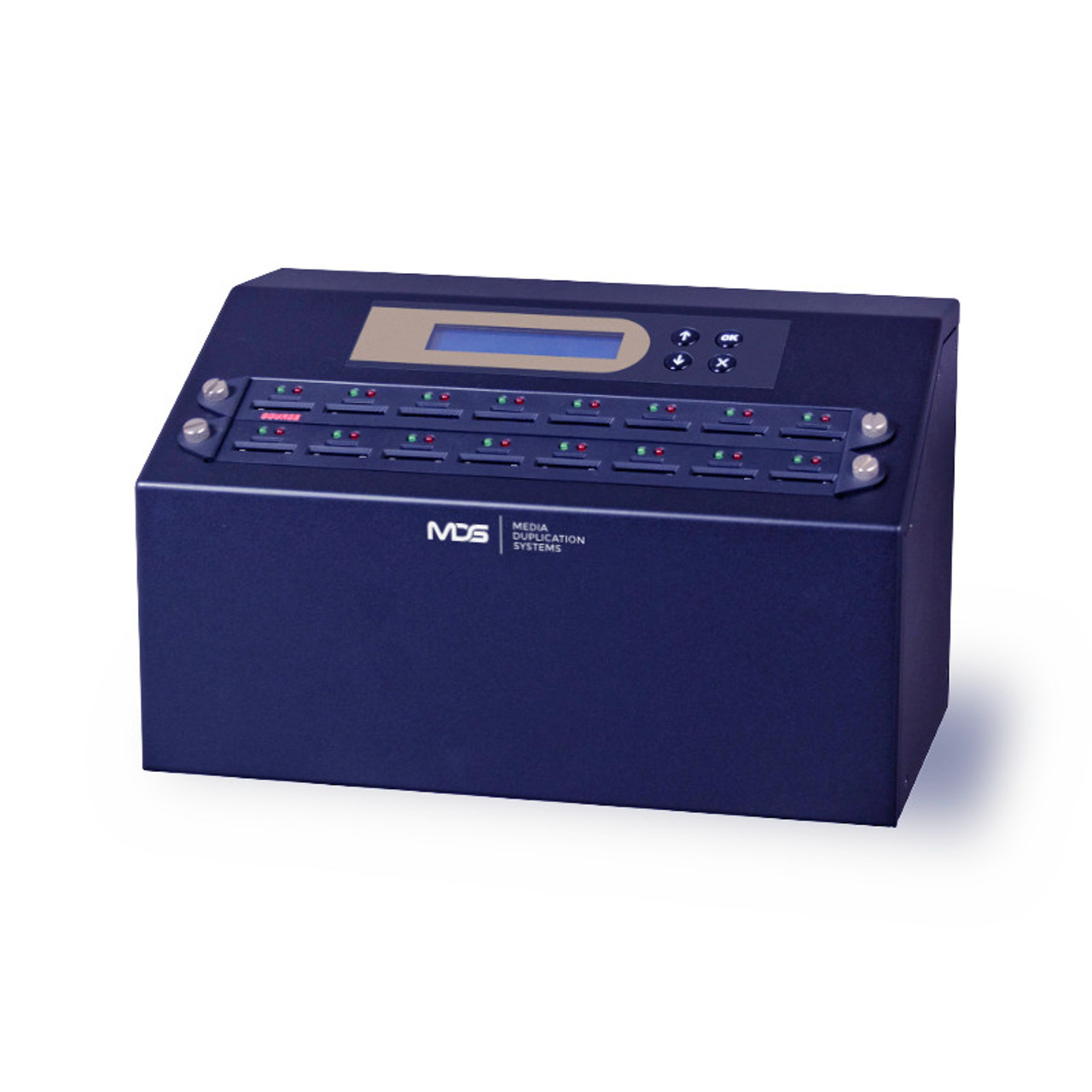 XpressSD-Ultra industrial flash duplicator side view with LCD interface and control buttons for standalone operation of SD and microSD card duplication