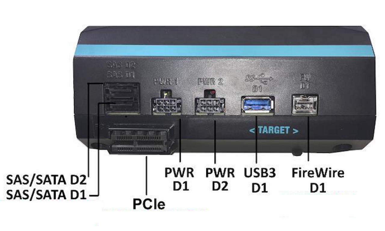 SS-Mobile target destination ports featuring dual SAS/SATA D1/D2, power ports, USB 3.0 D1, FireWire D1, and PCIe slot for drive cloning