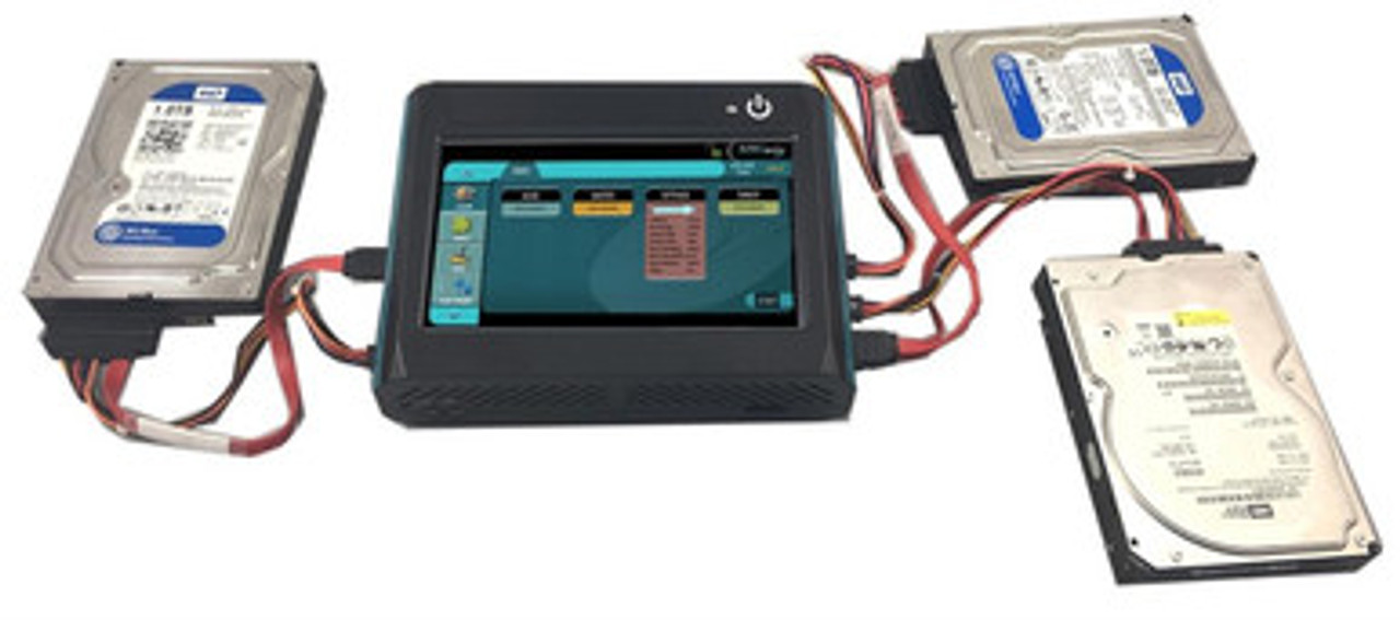 SS-Mobile simultaneously cloning multiple drives - 3.5-inch SATA, 2.5-inch SSD, and laptop drive connected with touchscreen showing active transfer status
