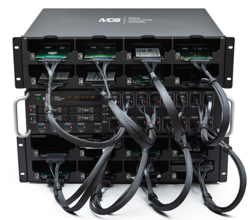 MegaWipe cable management - Professional rear panel connections showing organized SATA and power cables for 130 drive parallel wiping setup