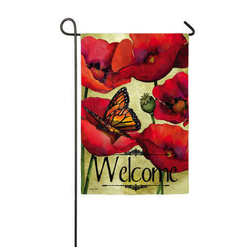 Welcome Red Poppy Flower and Monarch Butterfly Suede Garden Flag