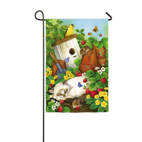 Satin The Strawberry Patch Sleeping Cat MIce Garden Flag Satin The Strawberry Patch Sleeping Cat MIce Garden Flag