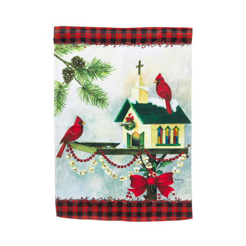 Christmas In The Garden Church Bird House Suede Garden Flag