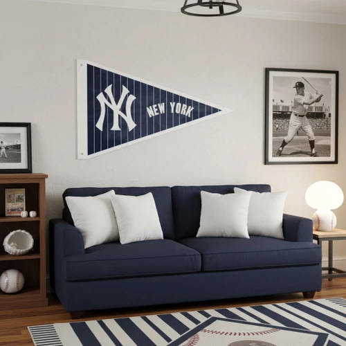 New York Yankees 3 ft x 5 ft Pennant Flag - Displayed indoors hanging on a wall in a baseball themed room