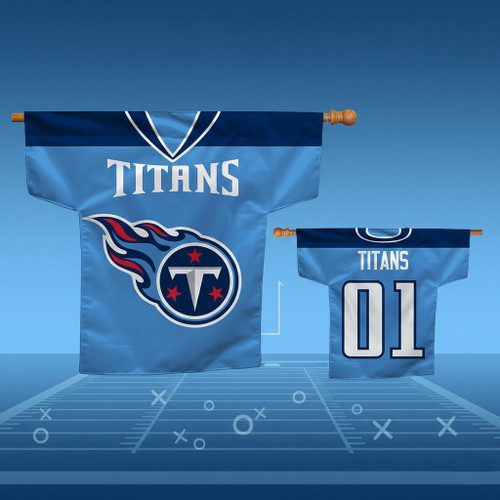 Tennessee Titans NFL 34" x 30" Jersey Flag - Wordmark & Logo - on a Titans Blue Color gradient background above a football field with x's and o's