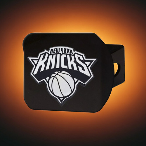 New York Knicks NBA Black Hitch Cover – Chrome 3D Logo - On a Knicks Orange Color Gradient Background