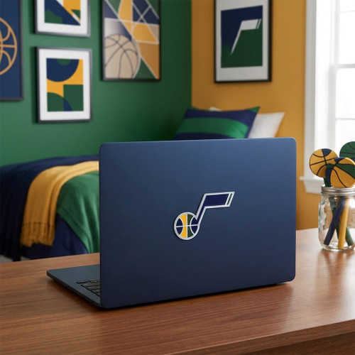 Utah Jazz NBA Color Metal Emblem - 3D Jazz Note - Displayed on the back of a laptop in a basketball themed room