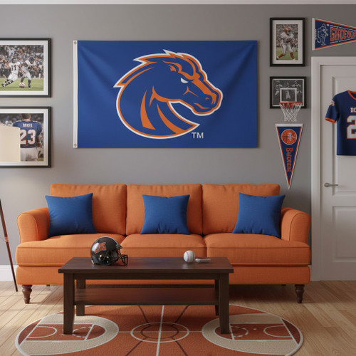 Boise State Broncos NCAA 3' x 5' Blue Logo Flag - Indoors - Hanging on a wall in a sports themed room