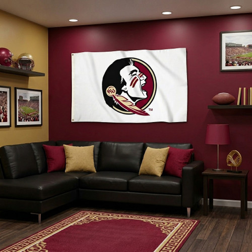 Florida State Seminoles NCAA 3' x 5' White Logo Flag - Indoors - Displayed hanging on a wall in a FSU Sports Fan Room