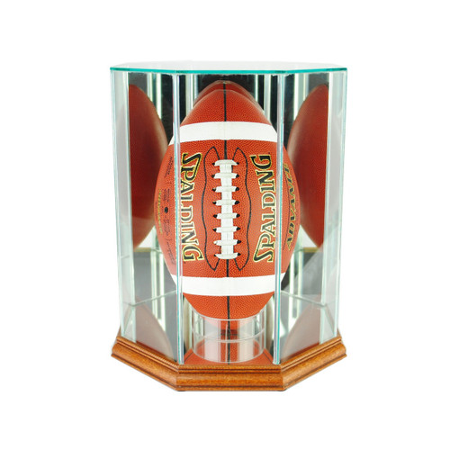 Vertical Octagon Football Glass Display Case - Walnut Base - UV99