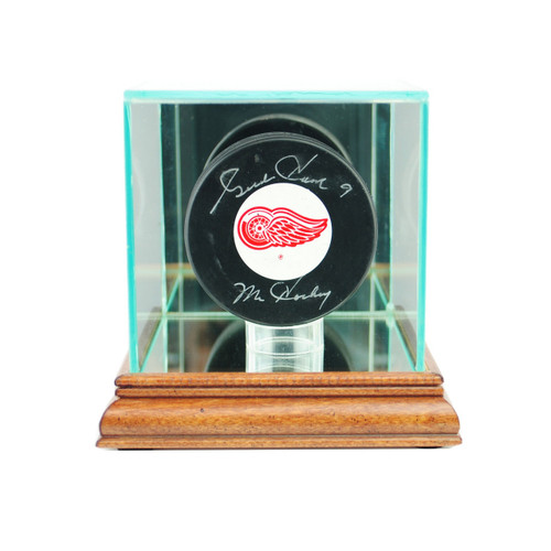 Hockey Puck Glass Display Case - Walnut Base - UV50