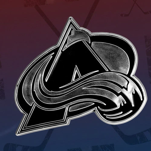 Colorado Avalanche Hockey Silver & Black Chrome Logo Emblem - Displayed on a team color hockey themed gradient background.