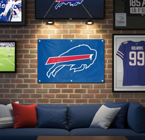 Buffalo Bills NFL 2' x 3' Wall Banner – Logo Embroidered Nylon Flag - Hanging on the Wall in a Football Fan Cave