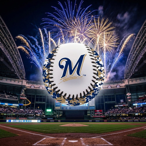 Milwaukee Brewers MLB Digital Camo Soft Strike Baseball - Displayed on a baseball stadium background with fireworks.