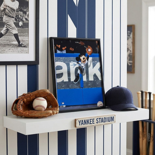 New York Yankees Mickey Mouse Disney Baseball Framed Photograph - Displayed on a shelf in a baseball fan cave