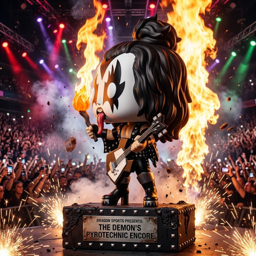 Stylized KISS The Demon vinyl figure with axe-bass and fire torch, performing on a pyrotechnic concert stage with a flaming pedestal, explosive sparks, and a cheering crowd background
