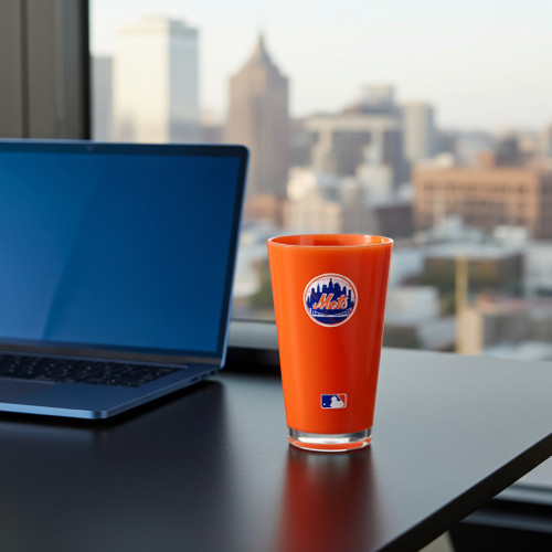 New York Mets MLB Orange 20 oz Insulated Tumbler - Sitting on an Office Desk