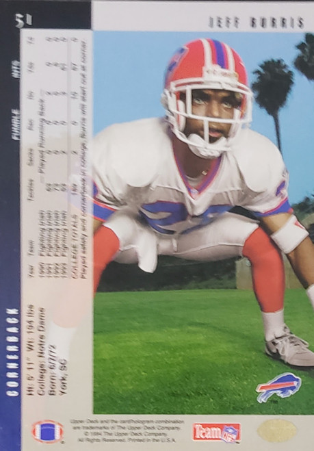 Jeff Burris - Buffalo Bills - 1994 Upper Deck Card #51