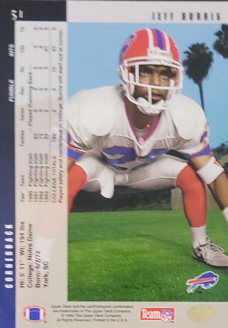 Jeff Burris - Buffalo Bills - 1994 Upper Deck Card #51 - Back