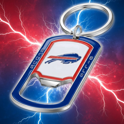 Buffalo Bills NFL Stainless Steel Tag Bottle Opener Keychain - on a team color gradient background