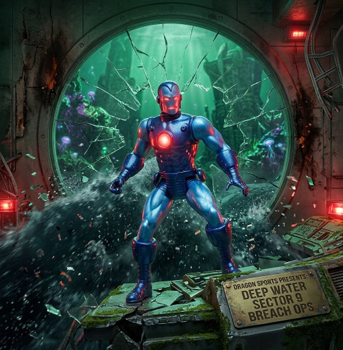 Action photograph of the classic blue metallic armored figure in a dynamic struggling crouch on a moss-covered, shattered console inside a breached underwater research facility, stabilizing against dark pressurized water and bubbles with intense glowing red eyes