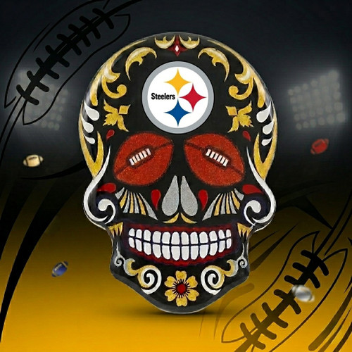 Pittsburgh Steelers Black & Gold Skull Logo Pin - Displayed on a gradient team colors football themed background