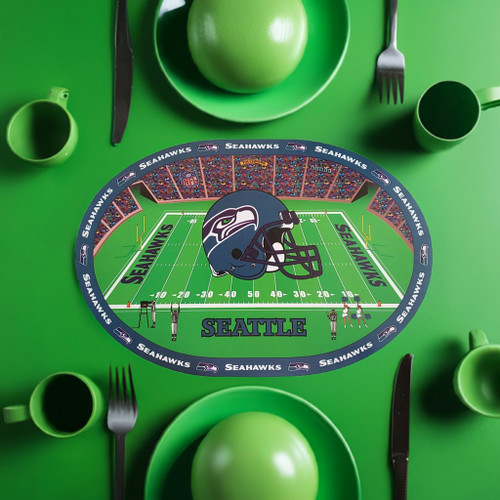 Seattle Seahawks NFL Helmet Logo Placemats - on an action green color table next to green cups and plates