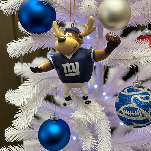 New York Giants NFL Football Reindeer Quarterback Player Ornament - Hanging from a white Christmas Tree
