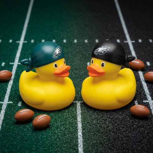 Philadelphia Eagles Football Rubber Duck Set - 2 Pack Logo Rubber Ducks - Displayed on a football field with one green bandana and one black bandana.