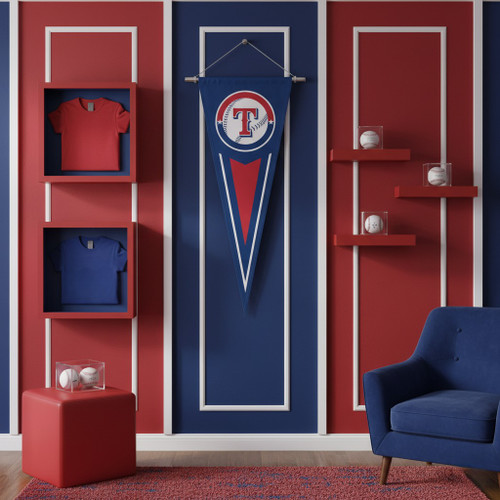 Texas Rangers MLB Blue Vertical Pennant Flag - Embroider Logo - Indoors - in a baseball Fan cave with Blue and Red Rangers Colors