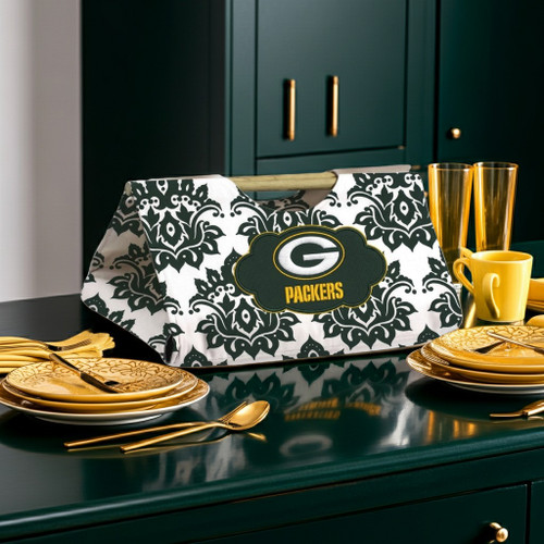 Green Bay Packers Green Dish Carrier - Displayed on a green counter top with yellow gold cups and plates