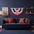 Boston Red Sox MLB Bunting Logo Banner - Indoors - Hanging on a wall above a navy blue couch in a baseball fan cave