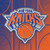 New York Knicks Metal Logo & Wordmark Emblem - Displayed on a blue and orange basketball themed gradient background