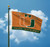 Miami Hurricanes "The U" NCAA 3' x 5' Orange & Green Logo Flag - Outdoors, Flying from a green flag pole, showing the blue sky and clouds in the background