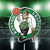 Boston Celtics NBA Aluminum Logo Emblem - Displayed on a green basketball court background