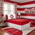 A red and white basketball-themed bedroom featuring the Atlanta Hawks microfiber pillowcase on a red-sheeted bed. The room includes red and white striped walls, a basketball court area rug, and shelves with basketballs and trophies.