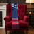 New England Patriots NFL Blue & Red Logo Colorblock Scarf - in a room hanging over a red chair