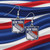 New York Rangers Logo Earrings - Displayed on a red white and blue wavy fabric background