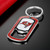 Tampa Bay Buccaneers NFL Football Stainless Steel Tag Logo Keychain - on a black table next to a Bucs Red Color Wallet