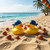 New York Knicks Basketball Rubber Duck Set - 2 Pack Logo Rubber Ducks - Displayed on a sandy beach with mini basketballs.