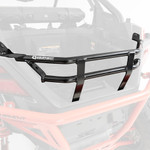 Lightweight aluminum HMF Rear Cargo Rack installed on a 4-seat Polaris RZR Pro XP, showing strapped cargo and tailgate function.
