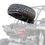 HMF spare tire rack mounted on Polaris RZR XP 1000, gas-lift support, slam latch, holding a 32" off-road tire