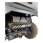 Black powder-coated CF Moto UForce U10 exhaust cover with color-matched backer plates and bolt-on mounting holes visible.