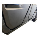 CF Moto UForce U10 rock sliders in black powder-coated steel, showing wrap-around door protection and included mounting hardware.