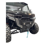 Black powder-coated CF Moto UForce U10 front bumper with custom accent plates and integrated light mounts installed on UTV.